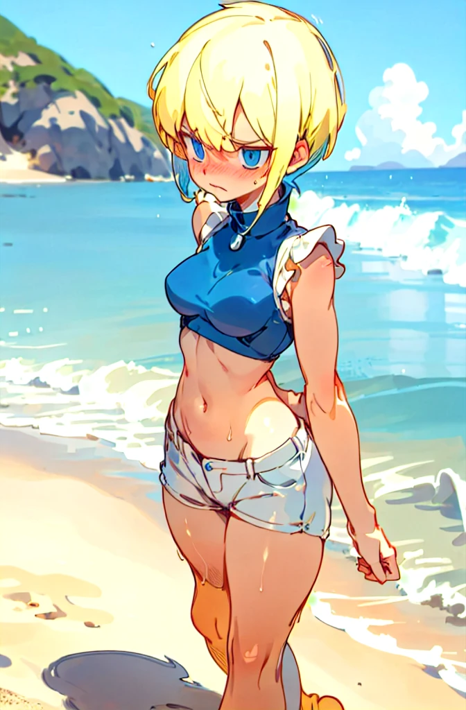   1 girl,  blonde short cut  ,   blue eyes,  dark blue pearl metallic racing separate bloomer,Overexposure,Background sandy beach ,Stylish adult woman with very small breasts , T-back , Awkward, frowns ,  Blushing ,  bites his lips,Wide-legged,Walking on a sandy beach,Bulma is high leg,Can you see your stomach and belly ,Rear view