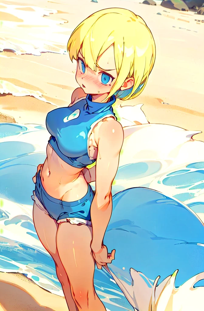   1 girl,  blonde short cut  ,   blue eyes,  dark blue pearl metallic racing separate bloomer,Overexposure,Background sandy beach ,Stylish adult woman with very small breasts , T-back , Awkward, frowns ,  Blushing ,  bites his lips,Wide-legged,Walking on a sandy beach,Bulma is high leg,Can you see your stomach and belly ,Rear view