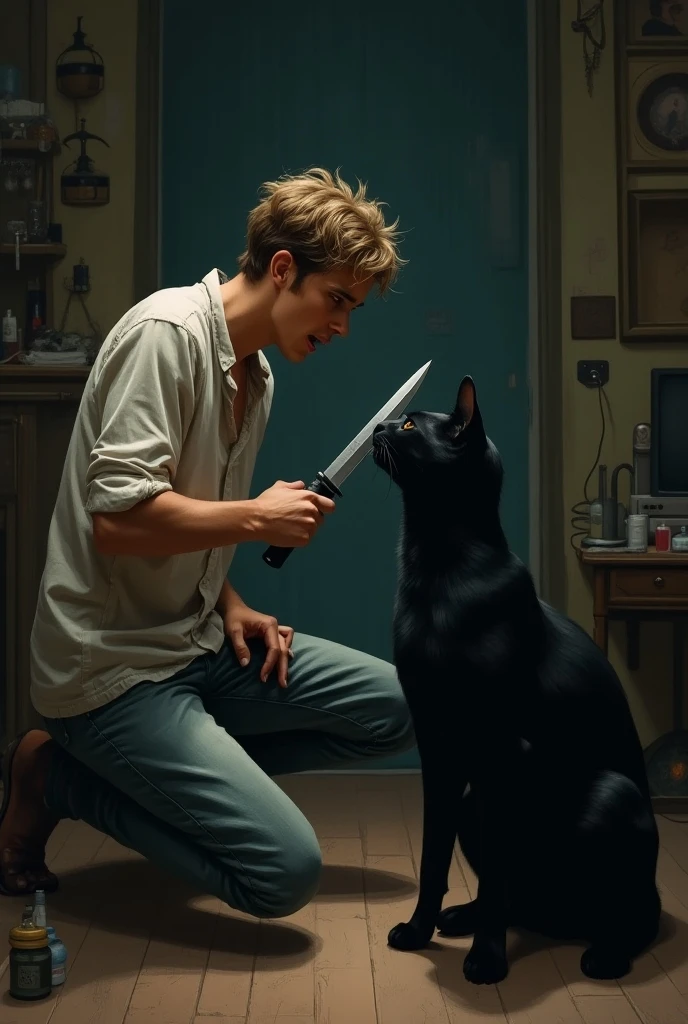 Ek creepy admi jisne black shirt or jeans pehni h uske hath me knife h ek ginger cat jiske jo bde se durstbeen k aage bethi h aage cat food cat bowl me rkha h uske sath me bad behavior krte huye ess story prompt convert in English