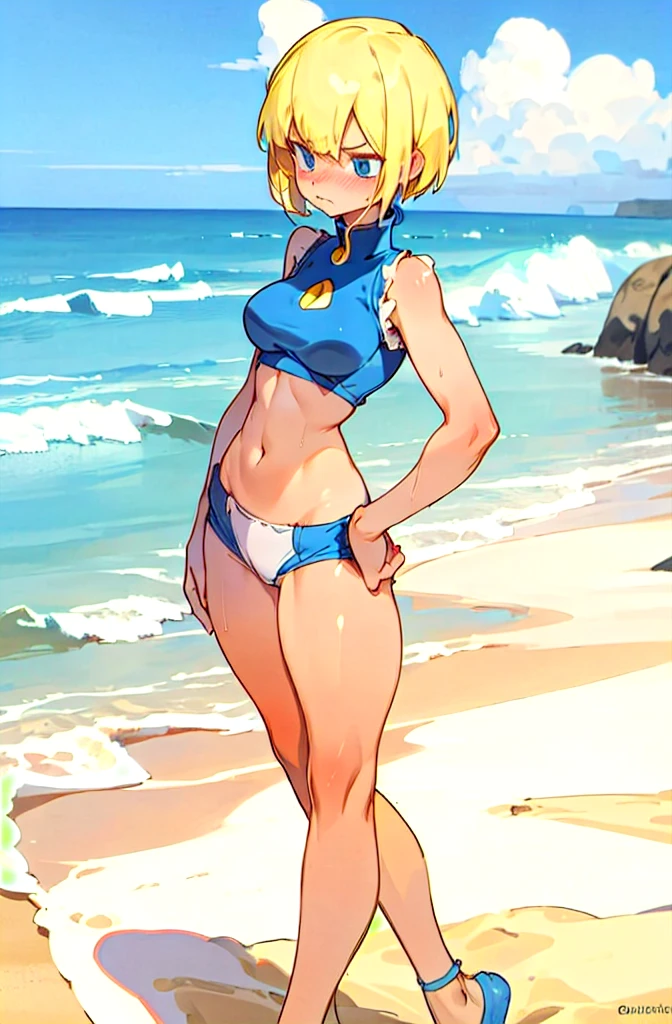   1 girl,  blonde short cut  ,   blue eyes,  dark blue pearl metallic racing separate bloomer,Overexposure,Background sandy beach ,Stylish adult woman with very small breasts , T-back , Awkward, frowns ,  Blushing ,  bites his lips,Wide-legged,Walking on a sandy beach,Bulma is high leg,Can you see your stomach and belly ,Rear view