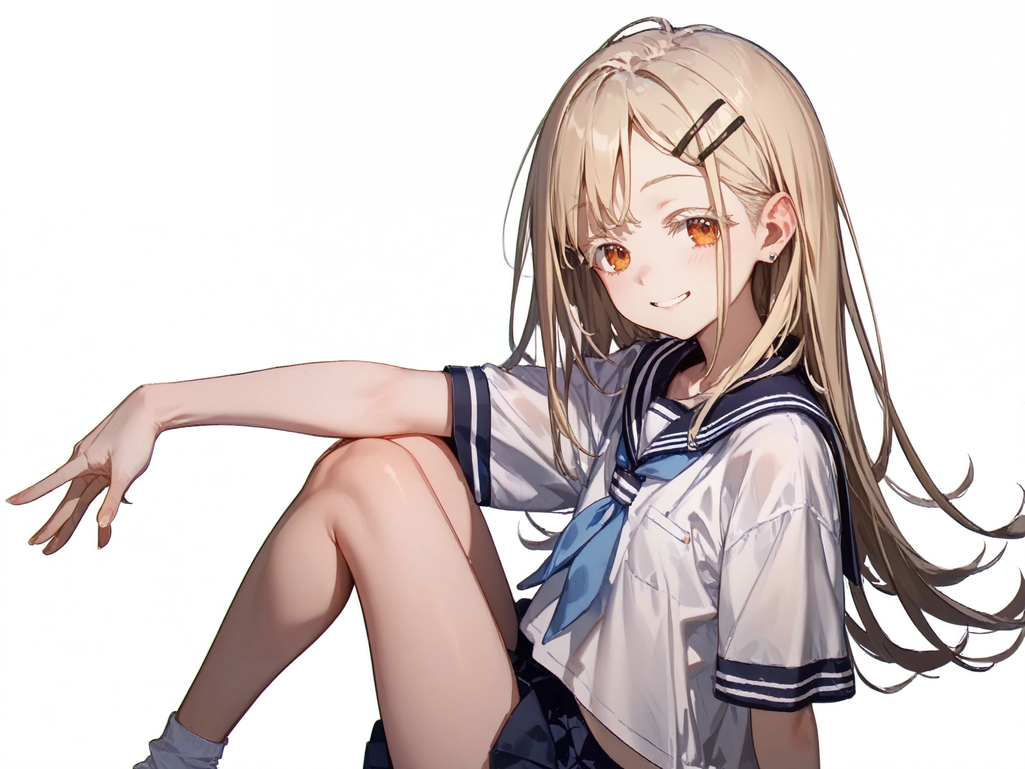 Highest quality, masterpiece, No correction, Beark 1 dhibi girl,shinosawa hiro,thin,Orange eyes,White eyelashes,Blonde,Long Hair,Hair Clip,cros hair clip,flat chest,white background,serafuku,smile,full body,from side,