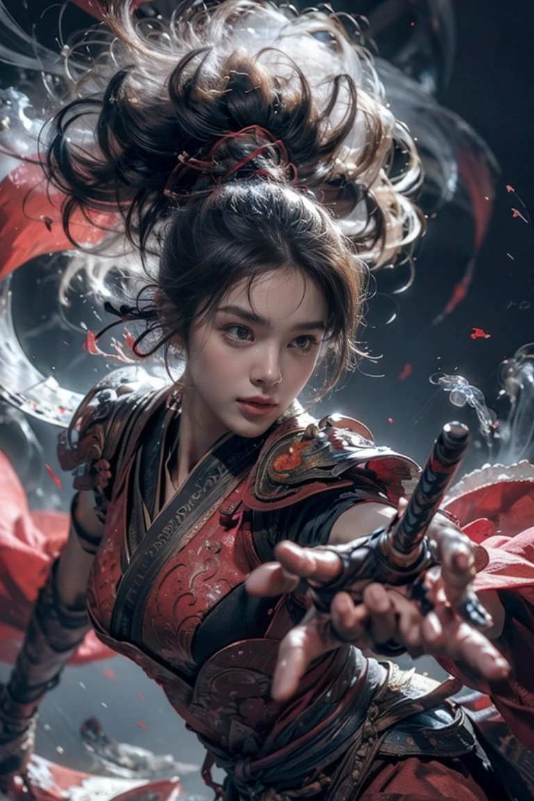 masterpiece，16K， high quality，artwork，Wu Hun ， 1 girl at home，Red Theme，smoke， floating weapon ，， Bright Lights， bright background ， sweet face ，Delicate face，Vivid texture， pictures taken with a Sony camera， movie lights from the waist，Full body nymphomaniac,  close-up ,  looks at the viewer , Upper Body Close-up 