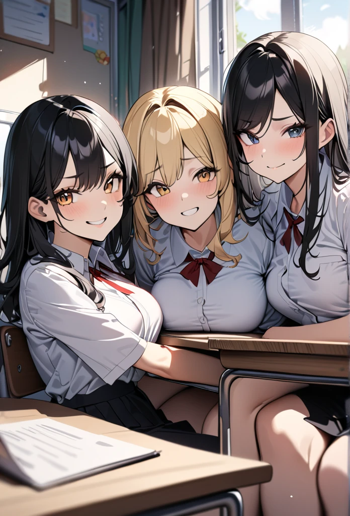 three anime girls sitting on the floor with their mouths open, breasts, short hair, open mouth, multiple girls, skirt, blonde hair, brown hair, shirt, thighhighs, bow, sitting, underwear, , panties, closed eyes, 3girls, pantyshot, blue panties, gyaru,  Three people watching the girl in the foreground having sex,A girl has a penis in her pussy