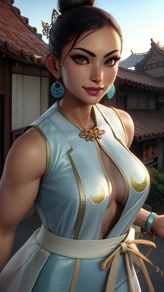 chun li, double bun,  black hair, brown eyes,  
chinese clothes, spiked bracelet, bun cover, earrings , 
standing, upper body,  smile,  sash, 
chinatown,  police station,  morning, 
(insanely detailed, beautiful detailed face, beautiful detailed eyes, masterpiece, best quality),solo, 