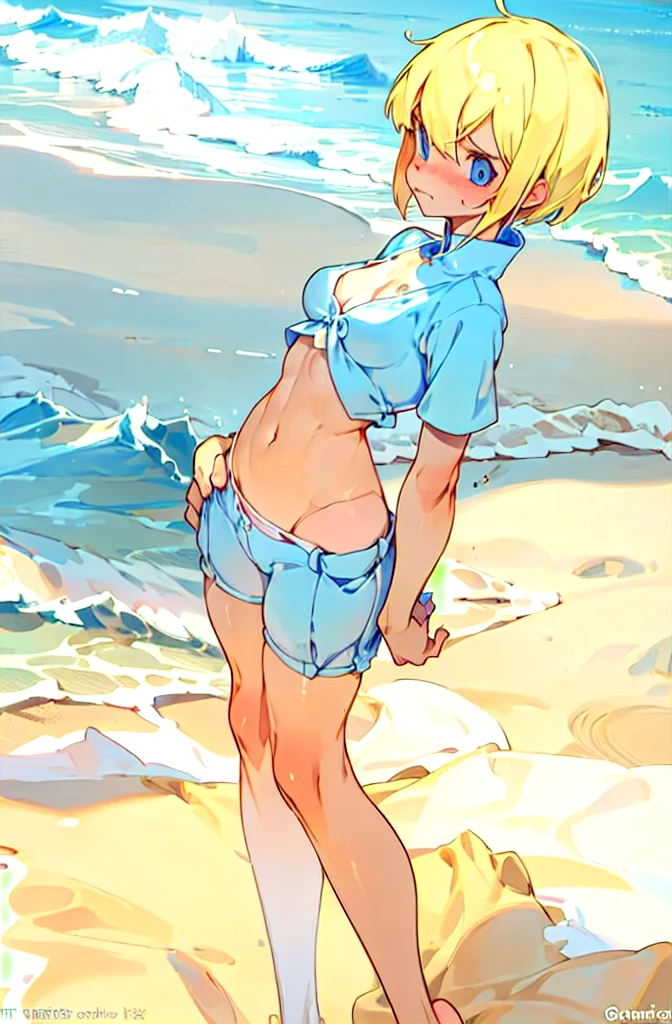   1 girl,  blonde short cut  ,   blue eyes, blue pearl metallic racing separate bloomer,Overexposure,Background sandy beach ,Stylish adult woman with very small breasts , T-back , Awkward, frowns ,  Blushing ,  bites his lips,Wide-legged,Walking on a sandy beach,Bulma is high leg,Can you see your stomach and belly ,Rear view