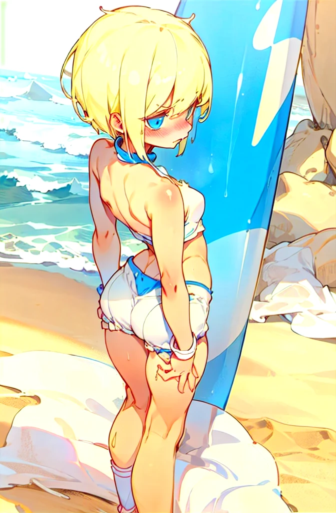   1 girl,  blonde short cut  ,   blue eyes, blue pearl metallic racing separate bloomer,Overexposure,Background sandy beach ,Stylish adult woman with very small breasts , T-back , Awkward, frowns ,  Blushing ,  bites his lips,Wide-legged,Walking on a sandy beach,Bulma is high leg,Can you see your stomach and belly ,Rear view