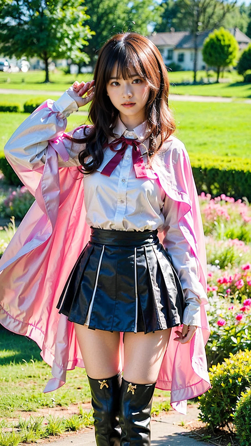 (8k、 RAW photos from the last century、Best Quality、masterpiece:1.2)、(Realistic、Realistic)、1 person、(( see-through 、curly hair、Cape、Ribbon on chest、pink and black mini skirt、Thin legs、 boots、  front view、 staring at the camera 、garden、 stand with your hands on your lower back))、cute