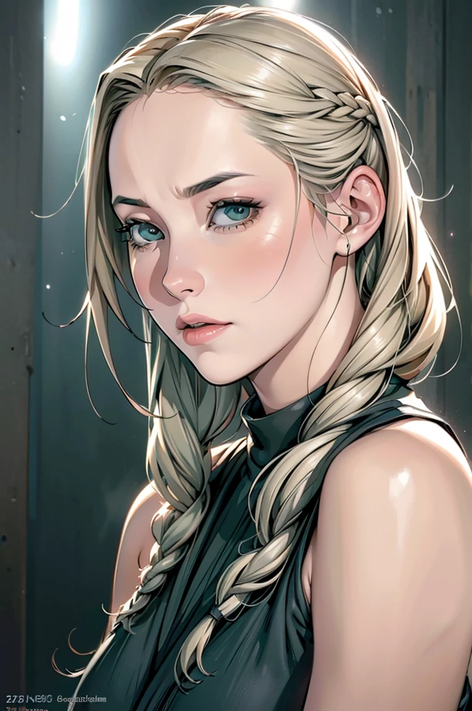 Star Wars, ((portrait:1.3)), a young girl 25 years old, (Rey Skywalker:0.8), pale skin, monochrome image with accent color, ((solo)), ((masterpiece)),((high resolution)),((best quality)), extremely fine and beautiful, super fine illustration, (realistic skin), (insanely detailed anime eyes), vivid and beautiful, shocking sensation, incredibly detailed, photorealistic, (realistic skin), (insanely detailed anime eyes), (green eyes), (luscious lips), realistic eyes, professional, realistic face, (lithe, voluptuous), (small plump breasts:0.8), (plump thighs:0.7), (thin waist:1.0), Star Wars character concept art, movie lighting, weighted shadows, ((very long weighted blonde hair)), long braided hair, beautiful detailed girl, (green eyes:1.2)), profile, movie lighting, perfect shadow, realistic lighting shaded, Star wars scenery