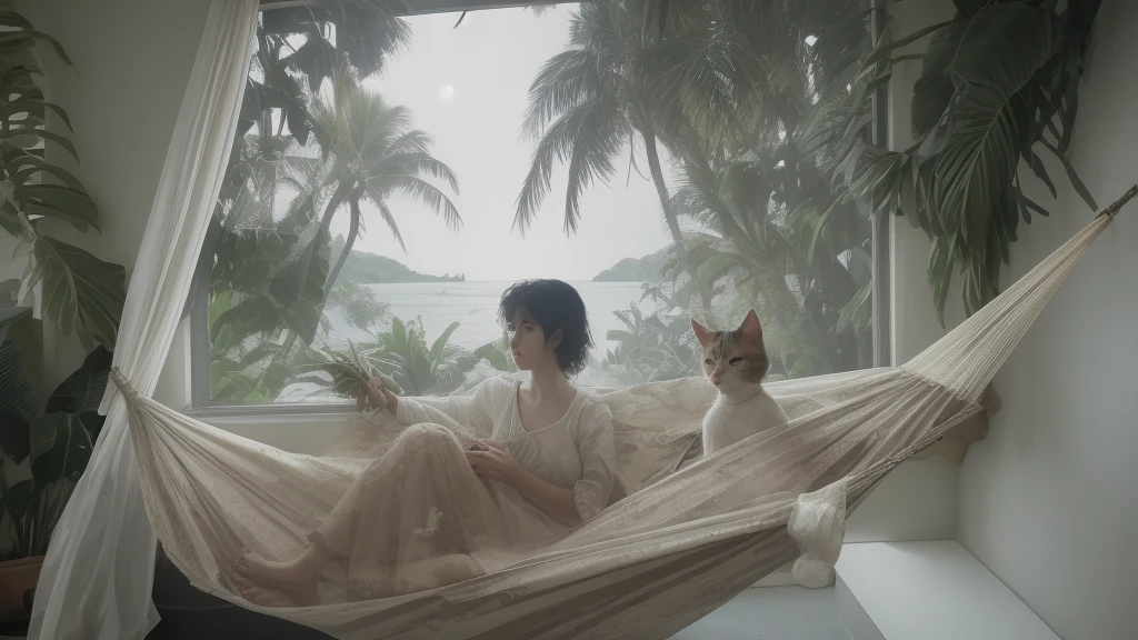 mulher, with calico cat, in hammock, floating, looking out window towards deep space and infinite darkness, light in room warm, palm tree sticker on window
