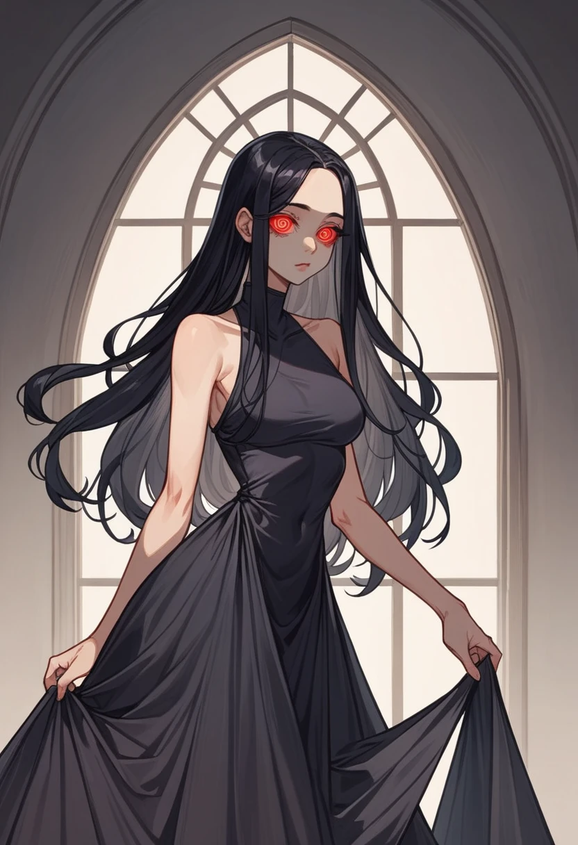 1 girl, ghost costume, all simple drawings. Anime, beautiful, black hair, ghost cosstume style, beautiful squinting eyes, standing, beautiful figure, long hair, simple dress, discreet dress, veiled silk fabric , tight dress 