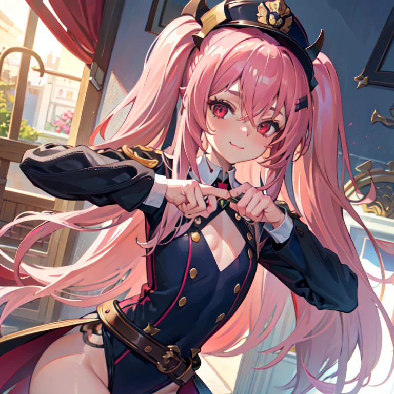 best quality, masterpiece, highres, extremely detailed 8K wallpaper, original, detailed fingers, detailed hands, detailed eyes,
garden, multicolored flowers around, 1girl, blush, pout, looking at viewer, standing, dynamic pose,
krul tepes, red eyes, flat chest, long hair, pink hair, two side up, hair ornament, BCop, belt, policewoman, leotard, police hat, peaked cap, 
smile