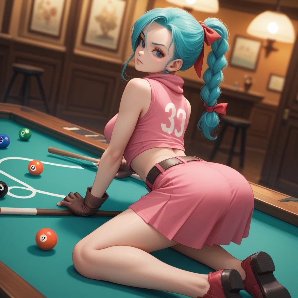 masterpiece, best quality, high resolution, dragon ball, blmpony, aqua hair, hair ribbon, braided ponytail, pink shirt, belt, scarf, pink skirt, clothes writing, brown gloves, medium breasts, in back pose, playing pool table, leaning on the pool table with her butt up high showing her ass
