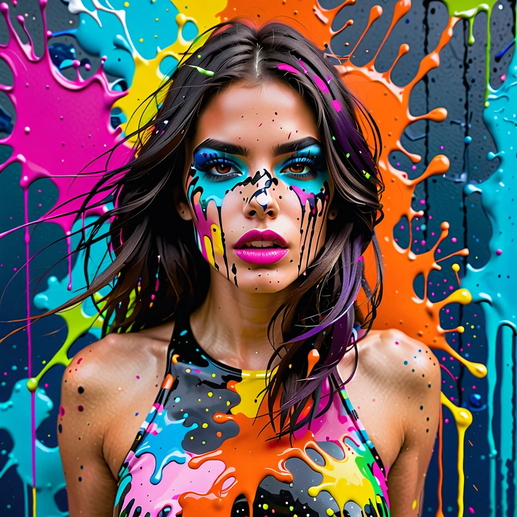 A photo of a female model wearing a white bra that is covered in paint. She is standing against a white backdrop, her entire body adorned with a beautiful mess of multi-colored paint. Each hue splashed across her skin merges and blends into an abstract masterpiece. With poise and grace, she confidently showcases the art that has become a part of her. The camera angle captures the intricate details of the paint patterns on her body and the captivating intensity in her eyes.
<lora:PaintSplashV1:0.5> 11paint65splash99