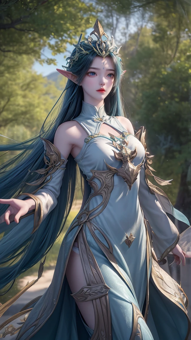  Draw a elf from the game Perfect World in a highly detailed 2D style ,  with striking features of an epic and expressive character .  The elf must have an agile and elegant appearance , with long, pointy ears, sharp eyes and a confident face .  Wear it with light armor in shades of green and gold ,  adorned with details of leaves and mystical runes that glow lightly in blue .  The character must hold a finely crafted bow ,  with carvings and gold ornaments that represent nature ,  and being positioned in a dynamic pose ,  ready to shoot an arrow of magical energy . Behind the elf ,  include an iconic setting from Perfect World ,  with an enchanted forest filled with ancient trees and shimmering leaves that reflect the light of the setting sun.  Add details of distant mountains and ancient ruins partially covered by vegetation ,  creating a mystical and grand setting .  Particles of light and small magical effects must float around the elf and around the environment ,  emphasizing the epic fantasy atmosphere ."