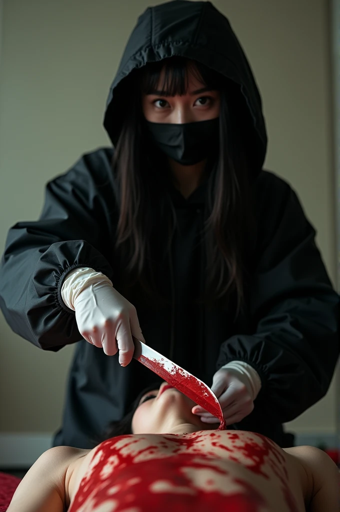 korean girl, (behind corpse, surgical mask), blood splatter, holding knife, stabbing, black gloves, room full of blood, transparent raincoat, hood up, holding knife, black gloves, behind corpse, short hair, night, mass murderer, robbery, in the hotel, light from the window