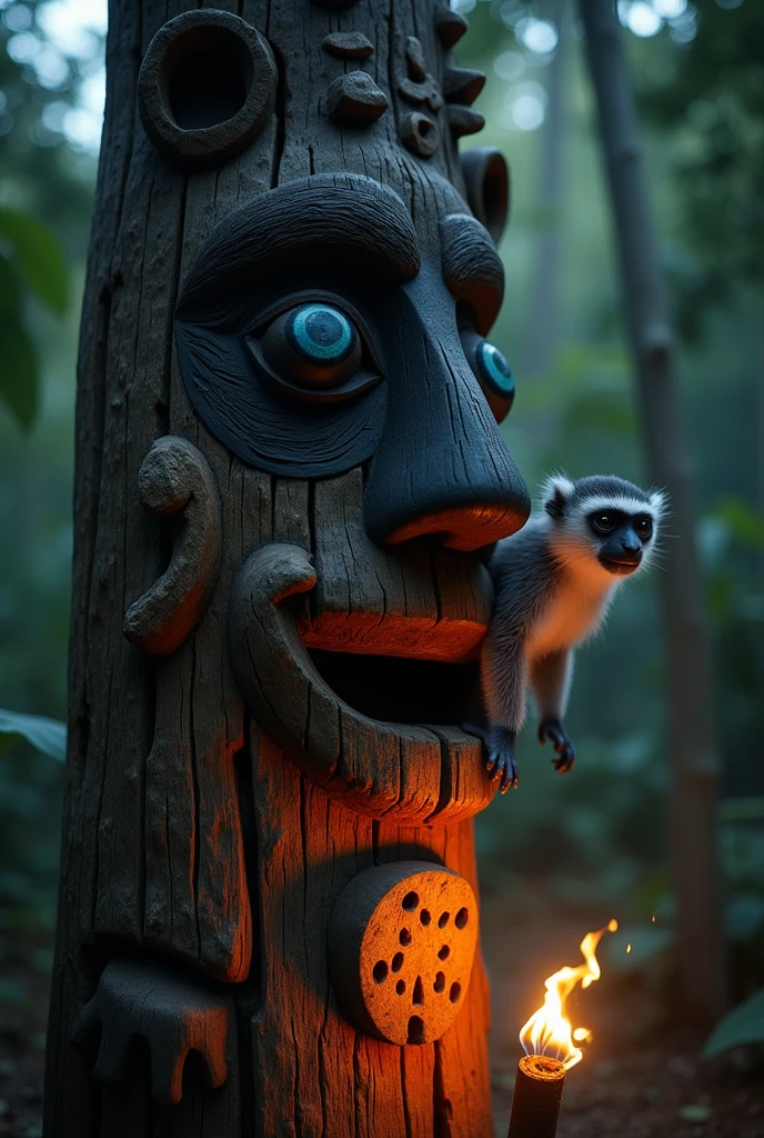 Dark photograph of a wooden totem with several carvings . These carvings seem to represent faces with different expressions , some with very long noses . From a totem nose there is a spider monkey with gray fur and white breast . The face of the bear is black with blue eyes . Mystical scene . At night in very low light . In the middle of the tropical jungle and some aboriginal torches give some light to the scene. Composición de película mistica y realistic , ( The best quality,8K,highres,masterpiece:1.2),ultra-detallado,(realistic,photorealistic,photo-realistic:1.37), cinematic lighting ,
