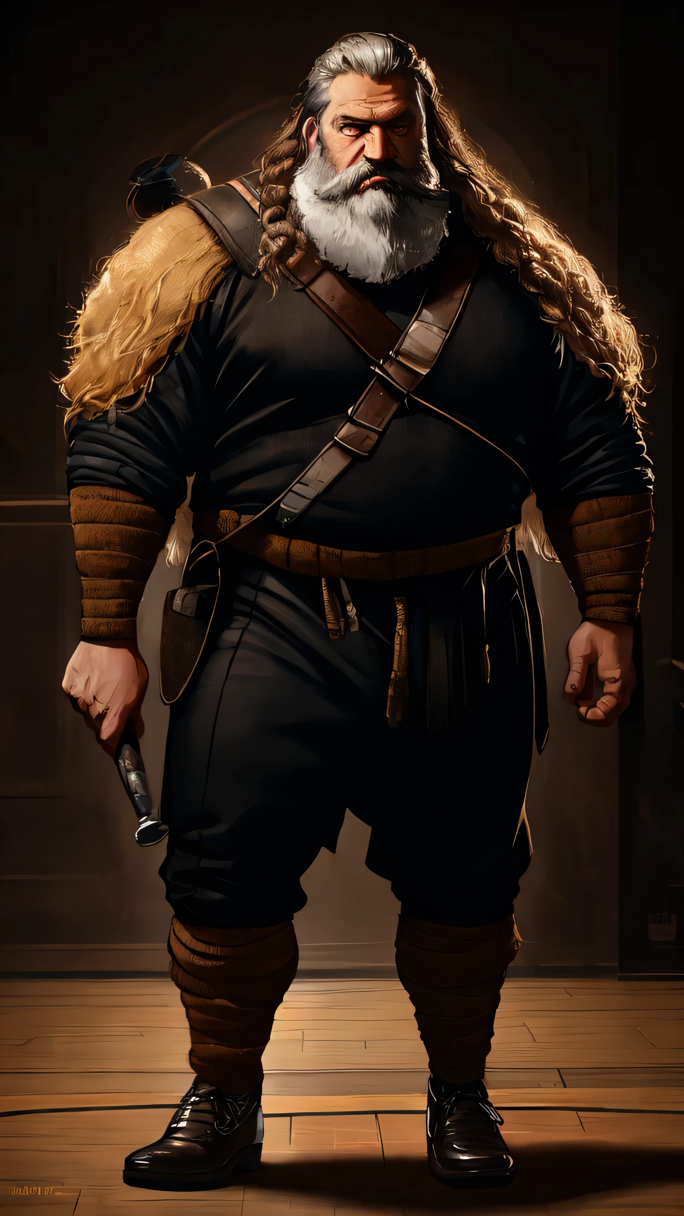 Dwarf, male, ((short stature)), big nose, beard, sport style, fencer clothes, black clothes, tight clothes, epee, epic atmosphere, (insanely detailed, beautiful detailed face, masterpiece, best quality), cinematic lighting, solo, (full body view), front view, looking at viewer, intricate, high detail, sharp focus, dramatic, photorealistic painting art by greg rutkowski