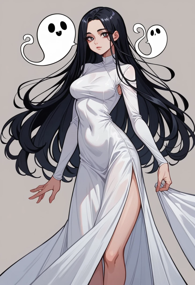 1 girl, ghost costume, all simple drawings. Anime, beautiful, black hair, ghost cosstume style, beautiful squinting eyes, standing, beautiful figure, long hair, simple dress, discreet dress, veiled silk fabric , tight dress 