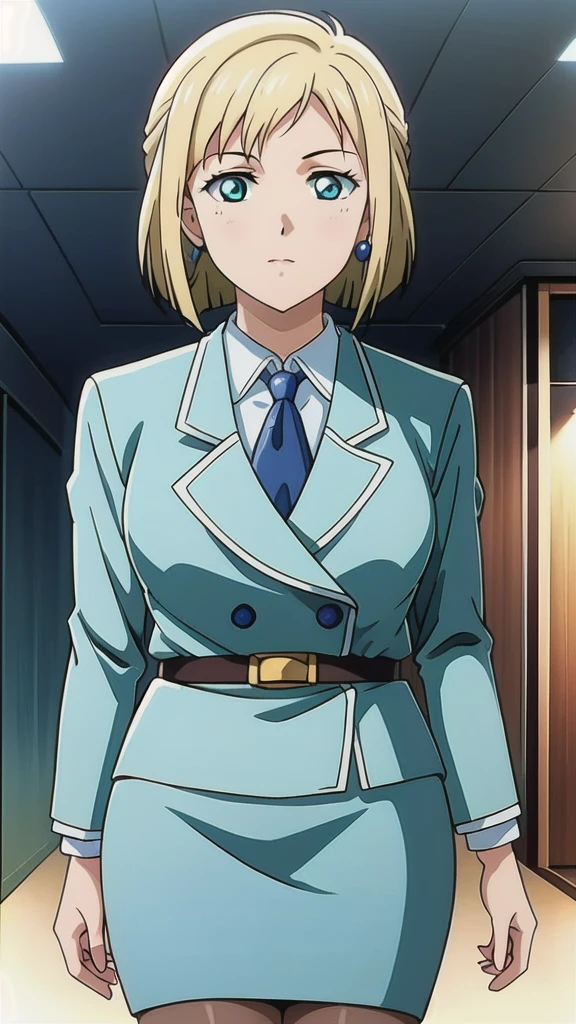 Blonde、 bob cut、Green Eyes，悲しいface， Full Body Style 、 normal breasts、 narrow waist 、Bare legs、In a suit、 blue jacket ,襟付きshirt, shirt, yellow tie ,belt, Blue Mini Pencil Skirt, black tights，White pumps、 OFFICIAL ART, Extremely Fine CG Unity 8k Wallpaper ,  full light, colorful , bright _ Front_face_ Lighting,  shiny skin, ( masterpiece:1.0),(Highest_quality:1.0), 超 Hi-Res,4K,Ultra-detailed, photo shoot, 8k,  Hi-Res,  Hi-Res,  absurd:1.2,  Kodak Portra 400,  Film Grain,  blurry background, Bokeh:1.2,  lens flare , ( lively_ color:1.2), Professional photography,Anime Images、