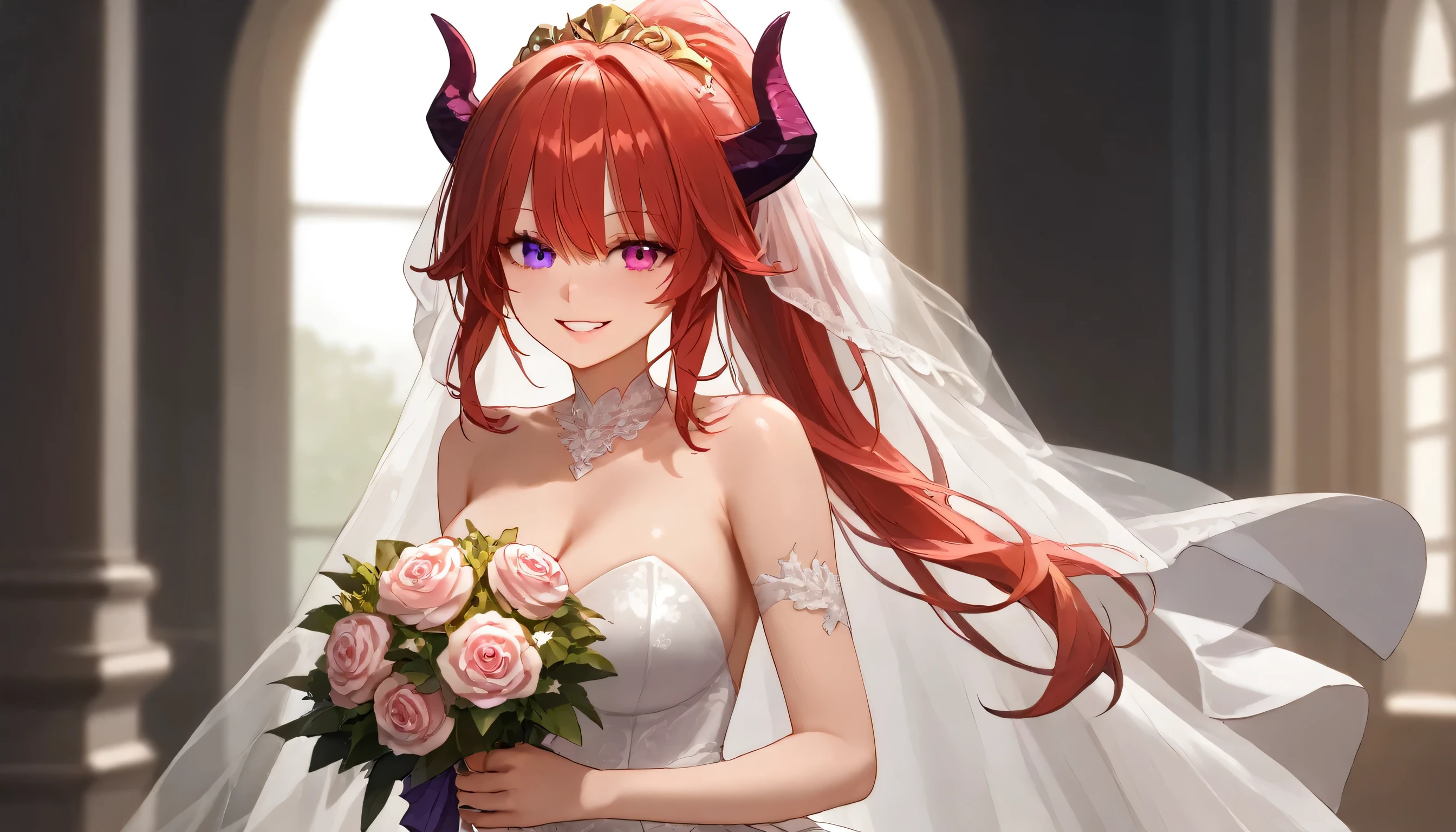 (masterpiece, top quality, best quality, official art, beautiful and aesthetic:1.2), (1girl:1.3), extremely detailed, official artstyle, highest detailed, parted lips,wallpaper, pink eyes, long hair, beautiful red hair, ponytail hairstyle, bangs, horns, black horns, elf ear, (happiness, beautiful smile, happy expression, happy face), ((Wedding dress, chies, Bridal veil, Wedding, Bouquet)),(cowboy shot), holding a flower, cowboy shot