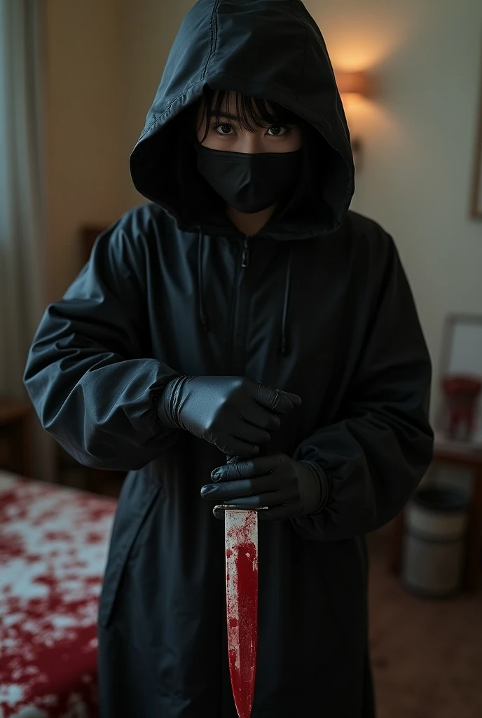 korean girl, (behind corpse, blood splatter), surgical mask, holding knife, stabbing, black raincoat, leather gloves, trucker hat, room full of blood, short hair, holding knife, leather gloves, behind corpse, night, mass murderer, robbery, in the hotel,
