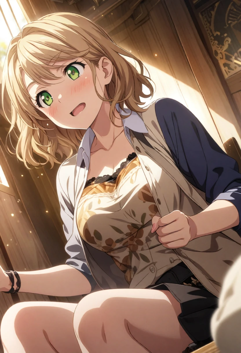 (masterpiece, Highest quality), (((Perfect Anatomy, Anatomically correct))), ((1 Girl)), Long hair, Braiding、Blunt bangs, Light brown hair, happiness, Green Eyes, hair ornaments, School_uniform, short_Dispel, just_feet, blue sky, window, Front view, Insights,The body is slim, Compresses on the chest, ((Beige cardigan,Green pleated skirt、Blue Neck Ribbon、White knee-high socks)),Pastel colored pantiesが見えている、((Pastel colored panties))、((Shiny panties))、((Normal location:1.4))、(((Straddle))),((feetを開いて座らされた…))、((orgasm:1.6)),((((M-shaped legs:1.1))),((Lift up your shirt:1.5)),((Showing off your bra)),(((Lace bra))),Award-winning bra designs、Random Color Bra、((((M-shaped legs:1.1)))、((orgasm:1.3)),((((M-shaped legs:1.1))),(((Sex with a man))),(Vagina Penis),Erotic atmosphere,Stupid,shortness of breath:1.6,((Pussy juice:1.3))