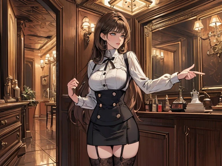 image of a woman with long, wavy auburn hair that extends to her waist. She should have a confident expression with a smirk and brown eyes that convey both intelligence and a hint of mischief. She is leaning casually against a bar, displaying an elegant fashion sense. Her outfit combines modern sophistication with classic style, such as a tailored blouse with intricate details and high-waisted skirt or sleek trousers. Her accessories should be refined and add a touch of personal flair without overshadowing her natural poise
