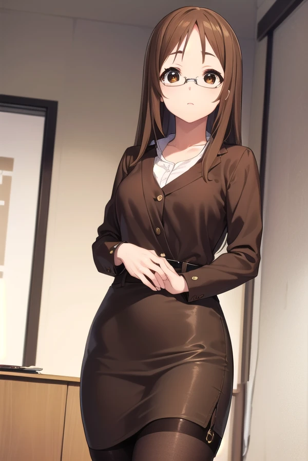 Sawakoyamanaka, Yamanaka Sawako , ( Brown Eyes :1.5), Brown Hair, Glasses, Long Hair,
break belt, Official style,  pantyhose, teacher,  dress, light brown  dress, skirt, pencil skirt,
break indoors, classroom,
break looking at viewer, ( cowboy shot:1.5),
break (masterpiece:1.2), Best Quality,  Hi-Res,  Unity 8K Wallpaper, (Illustration:0.8), ( beautiful detailed eyes:1.6),  Extremely Detailed Faces,  full light,  extremely detailed CG, (Perfect hands, perfect anatomy),