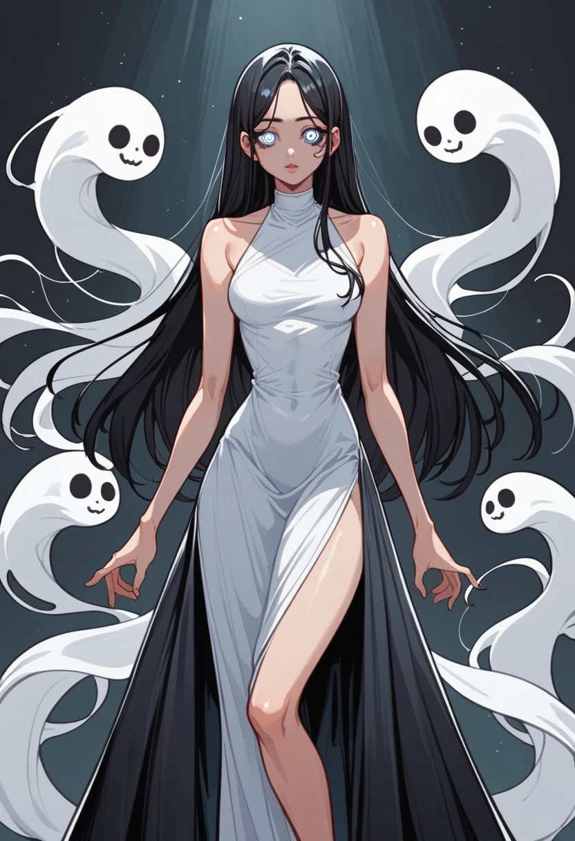 1 girl, ghost costume, all simple drawings. Anime, beautiful, black hair, ghost cosstume style, beautiful squinting eyes, standing, beautiful figure, long hair, simple dress, discreet dress, veiled silk fabric , tight dress 