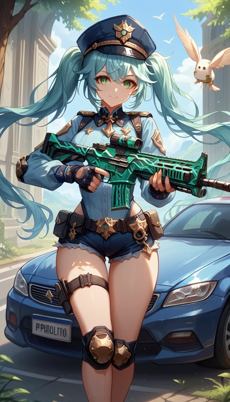 ultra-detailed, 1girl, Faruzan, Farzan, genshin impact, ((masterpiece)), (best quality), (highres), green eyes, 16K, straight bangs, aqua hair, twin tails, hair between the eyes, hair accessories, long hair, peaked cap, wearing police uniform, tactical belt, bootyshorts, knee pads, holding weapon, holding assault rifle, busty body, large breasts and a beautiful ass, showcasing cleavage, legs, hips, looking at viewer, smiling, detailed face, detailed hair, detailed full body, police car background