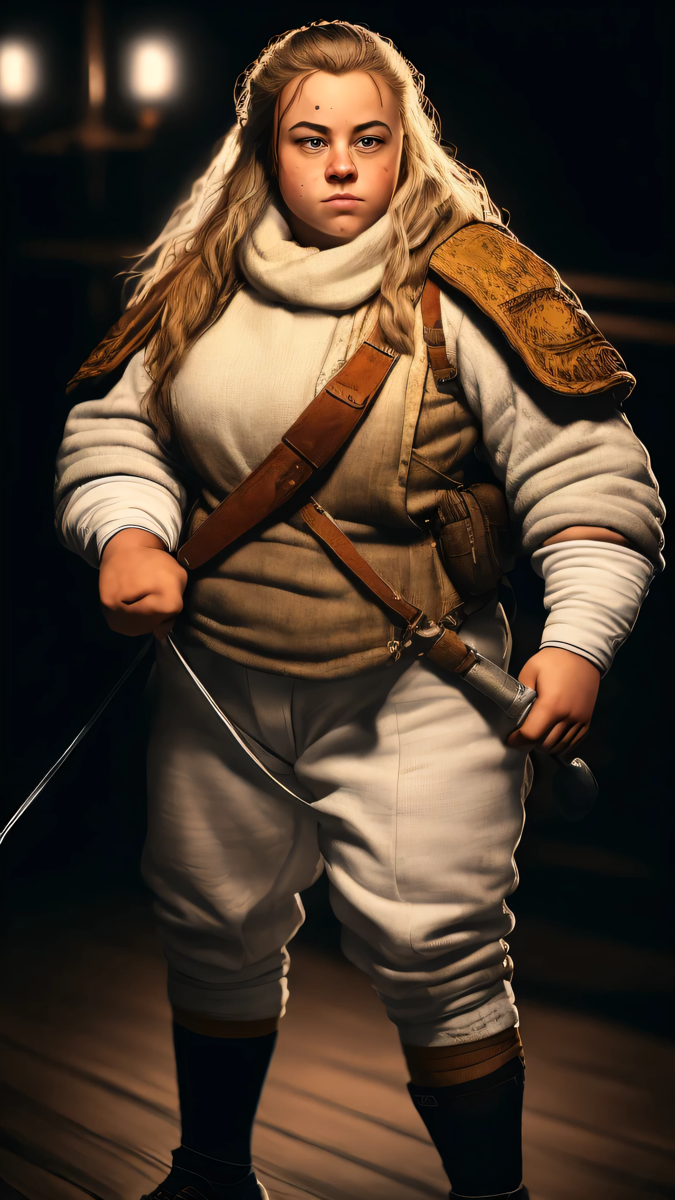 Dwarf, female, ((short stature)), big nose, sport style, fencer clothes, white clothes, tight clothes, epee, epic atmosphere, (insanely detailed, beautiful detailed face, masterpiece, best quality), cinematic lighting, solo, (full body view), front view, looking at viewer, intricate, high detail, sharp focus, dramatic, photorealistic painting art by greg rutkowski