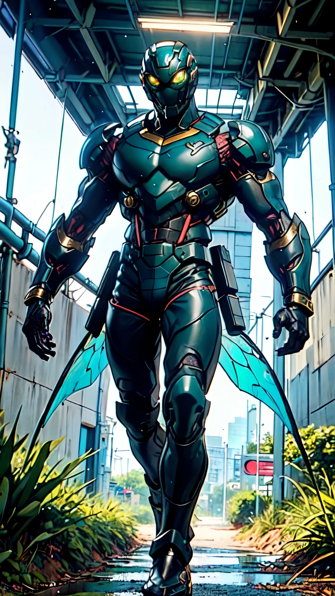 (masterpiece:1.5, best quality:1.5, extremely delicate:1.5), ((male:1.5)), a man wearing a full-face helmet, green eyes, fantasy-style high-tech biomimetic armored combat suit, (a composite layered chest armor), the design balances heavy with agility, fully enclosed shoulder guards, matching arm and leg guards, a belt of gemstone, (the color scheme is primarily Green with White and Blue accents, Organic Biotech, Concept Inspired by Dragonfly, glowing eyes, armor glows, stand of a futuristic sci-fi city), this character embodies a finely crafted fantasy-style armored hero in anime style, exquisite and mature art style, metallic, high definition, highres, ultra-detailed, ultra-fine painting, professional, perfect body proportions, golden ratio, anatomically correct, symmetrical face, extremely detailed eyes and face, high quality eyes, creativity, RAW photo, UHD, 32k, Natural light, cinematic lighting, masterpiece-anatomy-perfect