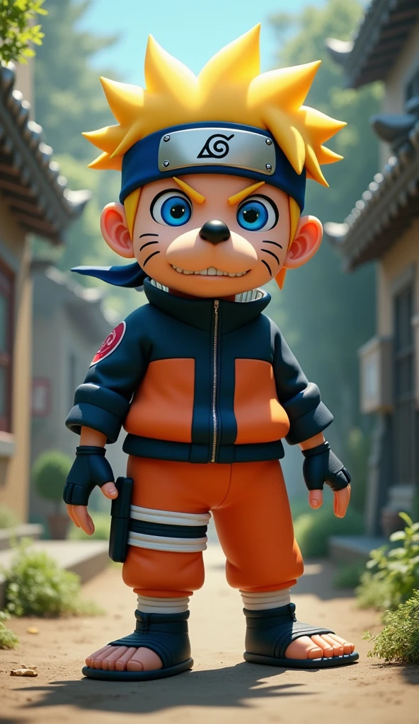 Create a photorealistic image of a hybrid creature by combining the elements of the character Naruto and the Goofy 