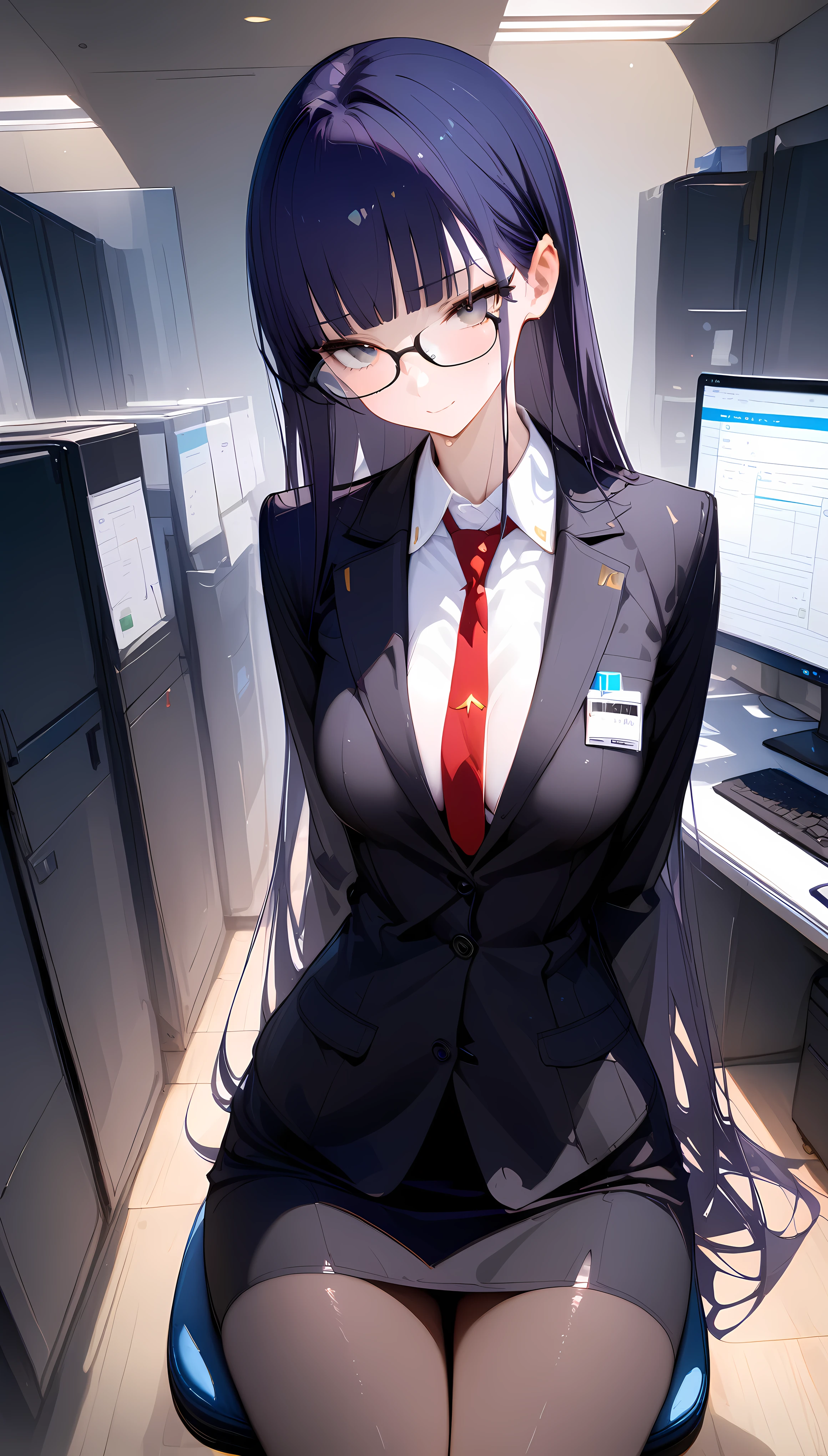 (highest quality,8k, 4K,masterpiece:1.2,Best aesthetic s)), portrait,cowboy shot,1woman,(adult),straight long hair,dark blue hair, (very small head:1.2),blunt bangs,(gorgeous eyes),gray eyes,(Black-rimmed glasses),shy smile,(ideal ratio body proportions:1.2),medium breasts,(black Business jacket), red tie、collared white shirt, (tight fitting black miniskirt),skinny,toned body,shiny skin,sitting,chair、machine、office、Tokyo、