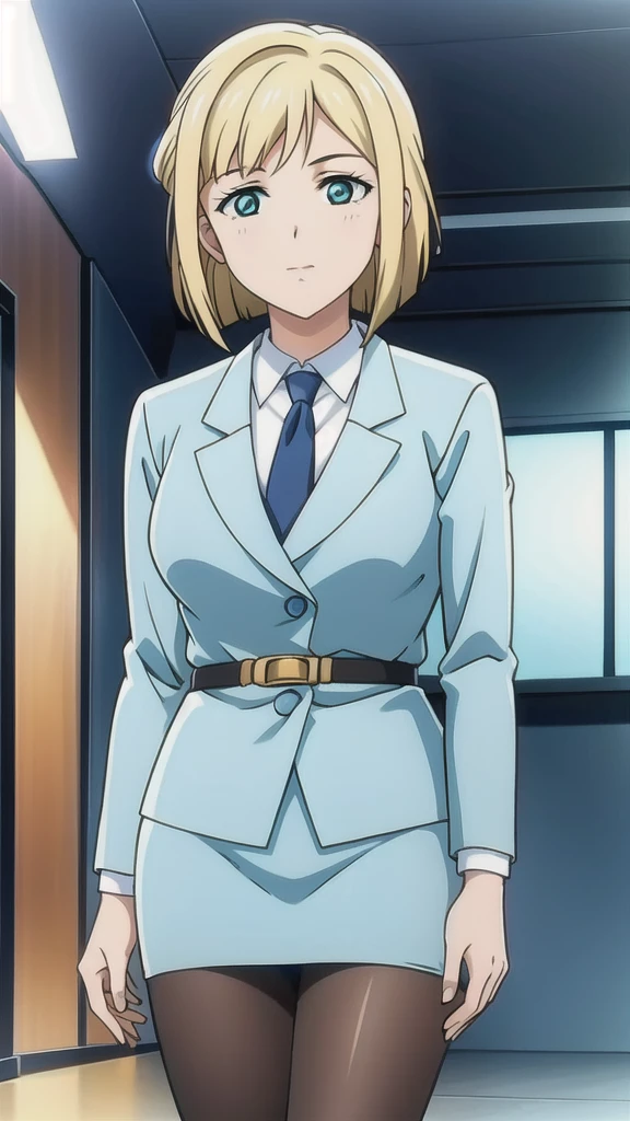 Blonde、 bob cut、Green Eyes，悲しいface， Full Body Style 、 normal breasts、 narrow waist 、Bare legs、In a suit、 blue jacket ,襟付きshirt, shirt, yellow tie ,belt, Blue Mini Pencil Skirt, black tights，White pumps、 OFFICIAL ART, Extremely Fine CG Unity 8k Wallpaper ,  full light, colorful , bright _ Front_face_ Lighting,  shiny skin, ( masterpiece:1.0),(Highest_quality:1.0), 超 Hi-Res,4K,Ultra-detailed, photo shoot, 8k,  Hi-Res,  Hi-Res,  absurd:1.2,  Kodak Portra 400,  Film Grain,  blurry background, Bokeh:1.2,  lens flare , ( lively_ color:1.2), Professional photography,Anime Images、