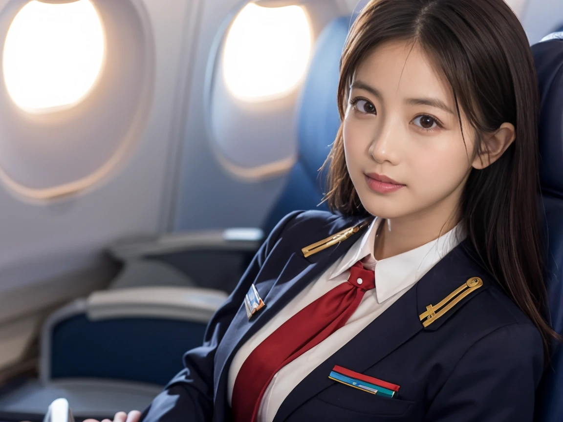 Best Quality, masterpiece, 8k,  super high definition, (Realistic: 1.4),  1 girl, Facial beauty,  symmetrical eyes, big, Perfect figure, Stewardess uniform, viewer perspective, (On the plane: 1.2), Front View, Shoulder Jump, Absolute territory (1.3),
