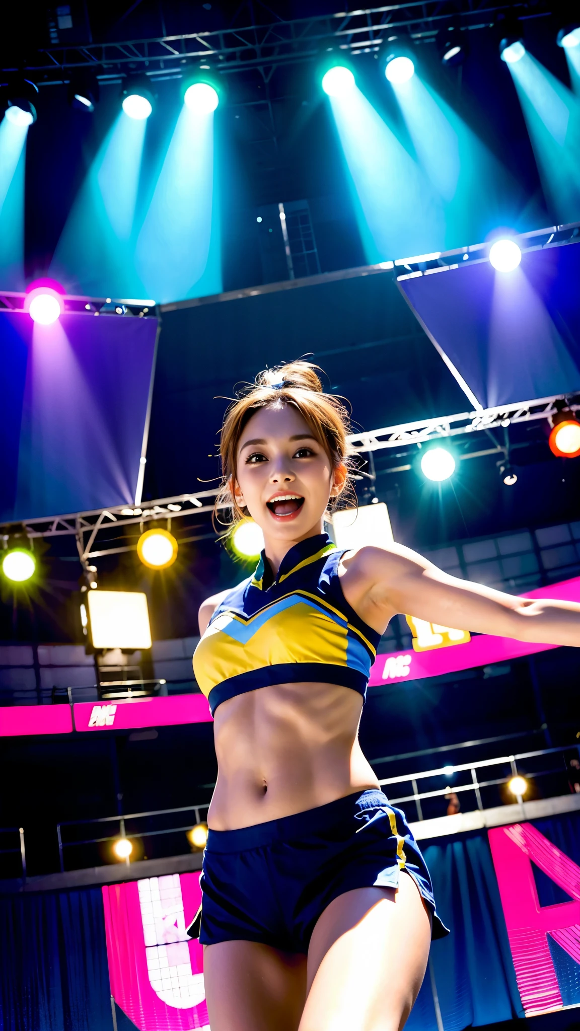 A group of talented cheerleaders performing a synchronized stunt in slow motion. Bright background lights and flashes highlight the action. The girls smile and show energy, while the audience applauds. Upbeat music accompanies the scene.