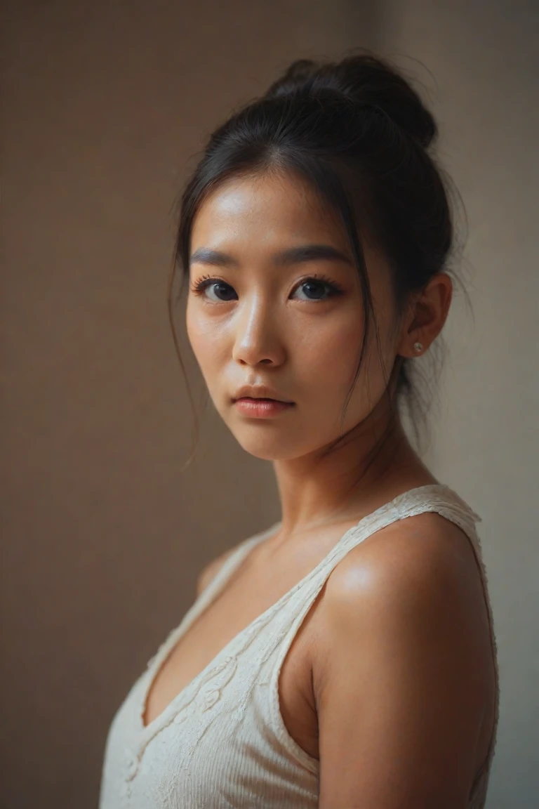 Jessica Henwick, white t-shirt, blue short jeans, from behind, beautiful detailed eyes, beautiful detailed lips, extremely detailed face, long eyelashes, photorealistic, high quality, 8k, cinematic lighting, warm color tones, detailed background, environmental portrait