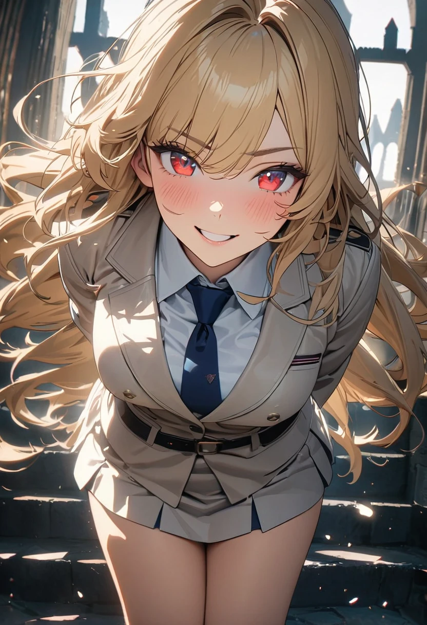 (Alone), Blonde, bangs, Mane hair ,  long hair in the castle,  Matted Hair , Scattering,  black scar on face ,  facial scar expressive hair, happy face, mature,(25 years old),  red eyes, ((female)), beautiful 소녀, blue tie , beautiful, Eye Reflections , Depth , masterpiece, 8k,  ultra high definition, High quality 상세정보,  premium quality,  high res, High quality, Ultra Detailed , masterpiece, 8k,  animation coloring, White ,  short skirt, Magic School, Body shot 