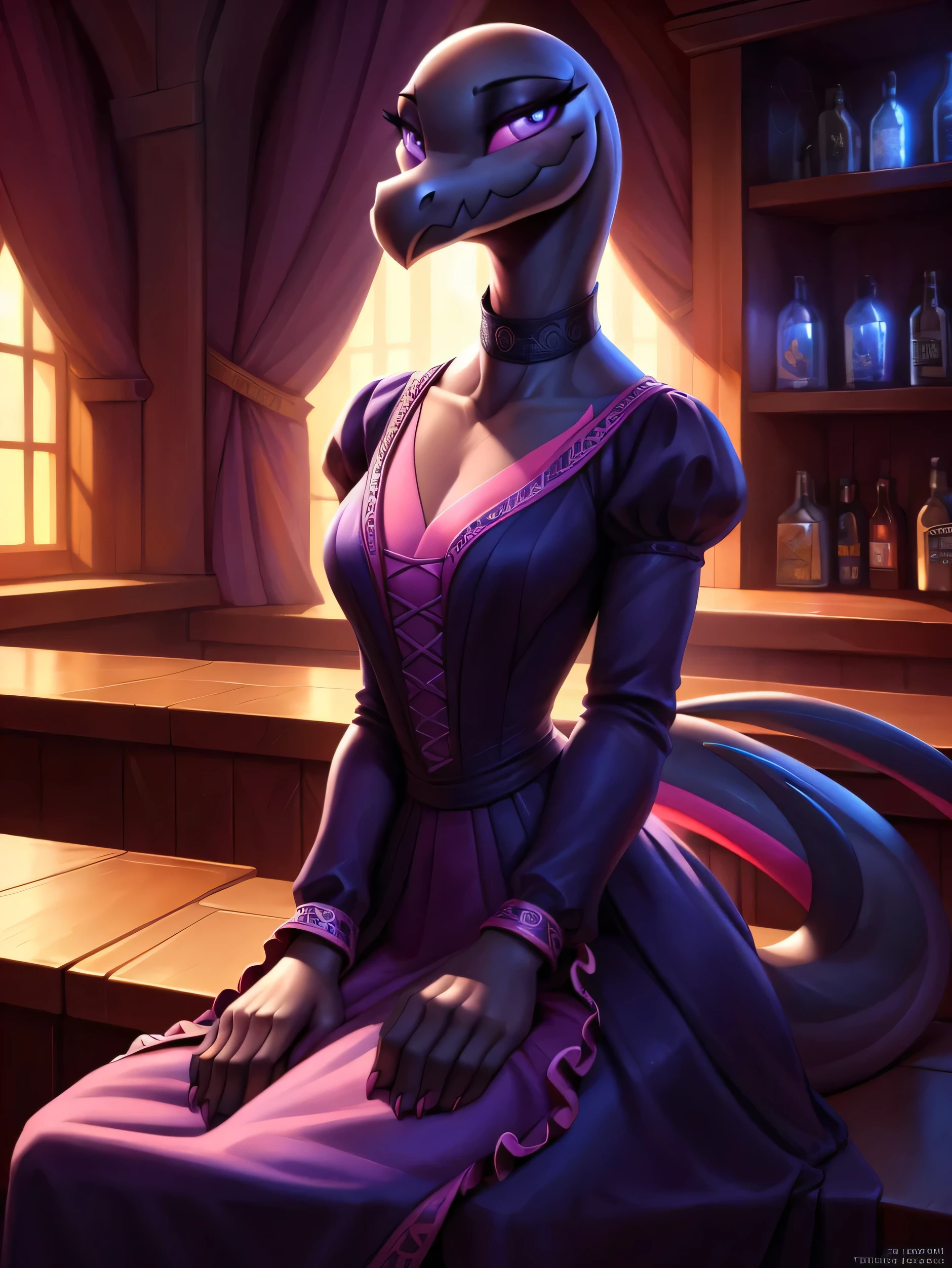 uploaded on e621, ((Salazzle)) by Pixelsketcher, by Bayard Wu, by Thomas Benjamin Kennington , by Einshelm, anthro, ((full body focus)), BREAK, ((dress:1.2)),wearing black victorian dress, long flowing dress, long sleeve victorian dress, dress flowing down past kneea, black choker, (detailed Bonifasko lighting), (detailed scales), (detailed skin), (female Salazzle), BREAK, ((facing viewer)), (cinematic lighting), ((detailed background)), ((full body portrait view)), (((portrait view))), (half body shadow), [backlighting], [crepuscular ray], [detailed ambient light], [gray natural lighting], [ambient light on the belly], (higher wildlife feral detail), [sharp focus], (shaded), ((masterpiece), medium breasts, furry Salazzle, reptilian face, furry Fantasy Art, furry Art, Commission for High Res, anthro Art, POV furry Art,Sakimichan beautiful, masterpiece, best quality, detailed image, bright colors, detailed face, perfect lighting, perfect shadows, perfect eyes, girl focus, purple eyes, flawless face, reptilian girl, scales, scaled woman, colorful scales, gaze at the viewer, half-closed eyes, 1girl, full body, (masterpiece:1.21), (best quality:1.2), (illustration:1.2), (cinematic lighting:1.3), detailed scales, balanced coloring, global illumination, ray tracing, good lighting, scales, anthro, looking at viewer, short neck, (full body shot of woman on bed), submissive, inside, tavern, good lighting, sitting at bar, cocktail in hand, (woman sitting, woman sitting down, woman sitting at bar, woman with cocktail in hand), woman in tavern, claws, (dark shot:1.2), (intricate details:1.12), (intricate details, hyperdetailed:1.15), hdr, inside, (at night:1.2), warm light, dramatic light, cinematic, (full body:1.2), slight smile, blushing, ((black victorian dress, sitting down seductively, slight smile, full victorian dress, dress covering whole body))