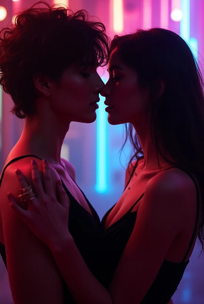 Uma imagem hyper realista das camtoras Rihanna e Billie eilish se beijando. Uma imagem com cores vivas no estilo Cyberpunk. hot body, realistic,detailed, smooth, sharp focus ,  realistic, highly detailed, digital painting, sharp focus, illustration art by greg rutkowski