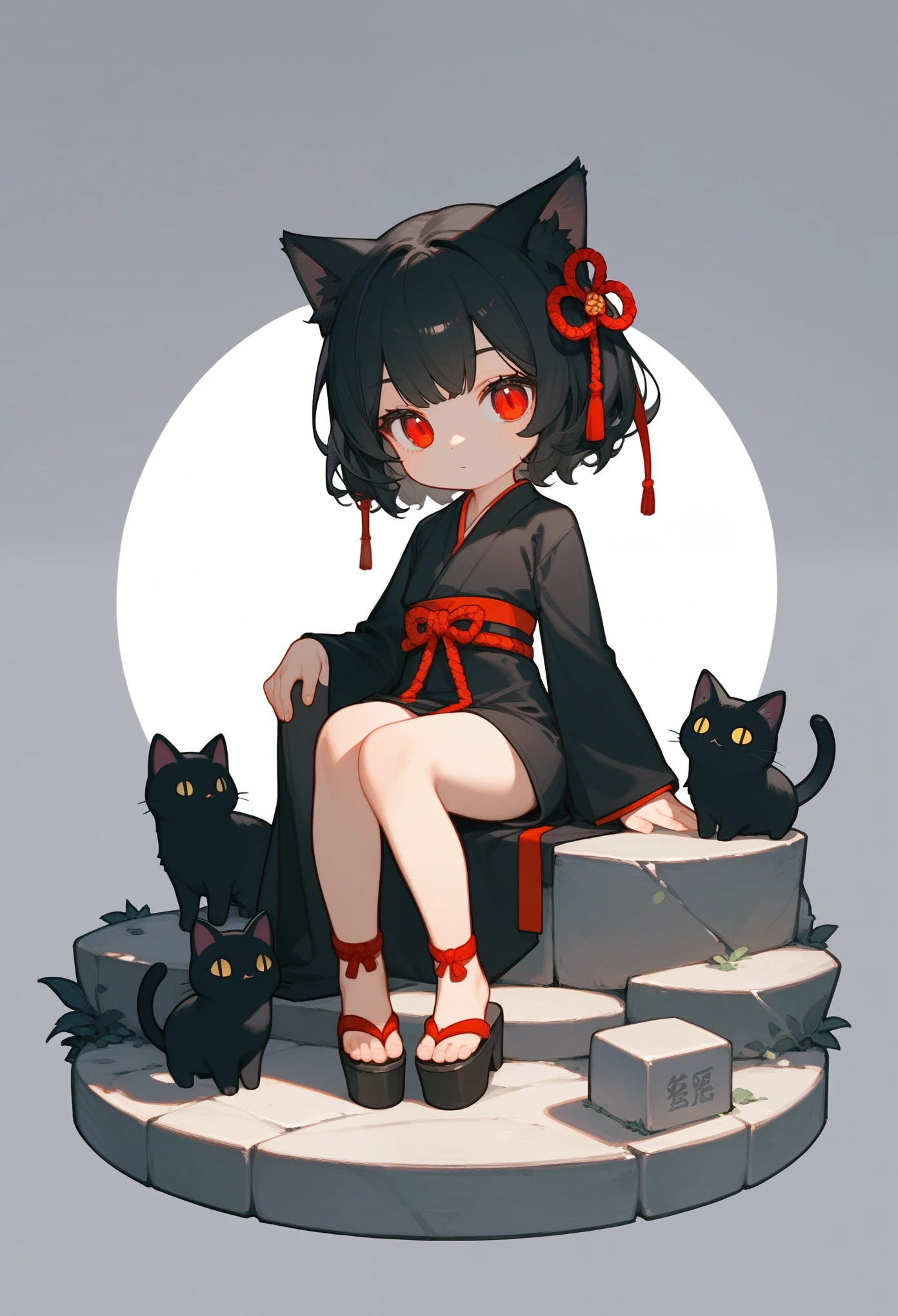 score_9, score_8_up, score_7_up, score_6_up, score_5_up, score_4_up, source_anime, (anime), chibi style, 1cat, black cat, black hair, red eyes, cat eyes, kimono, sitting on stone steps, 1stone lamp, [[small glowing butterflies]], simple staring background