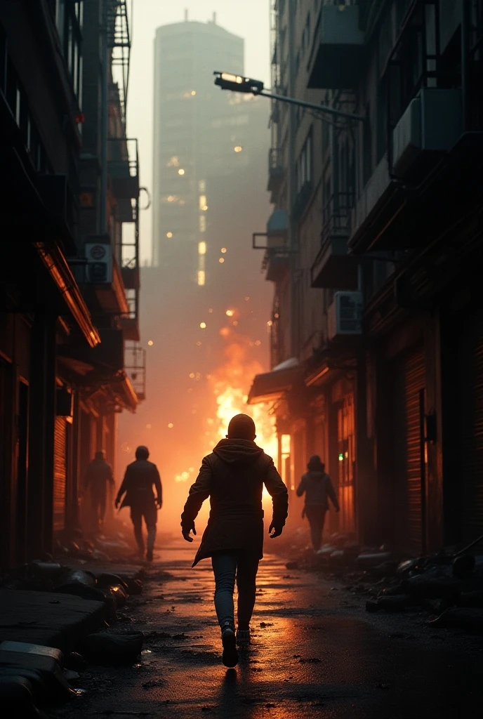 Girl fleeing a city ravaged by a zombi apocalypse, with burning buildings and zombie chasing. Detailed masterpiece 8k --v 6