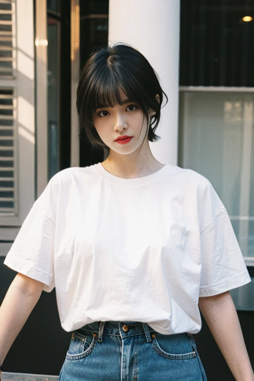 Girl with very pale skin, with an oversized white crew neckline short-sleeve T-shirt and dark-washed denim jean, very short Chanel hair at chin length, bangs above the eyebrow,