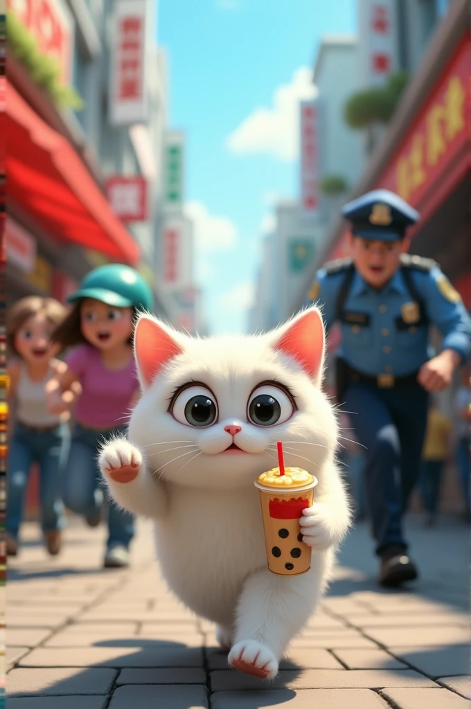 tem um gato correndo pela rua com uma bebida, novo filme gatos, cat attacking tokyo, gatinho chefe mundial, gato correndo, imagem promocional do filme, the cat is walking, Japanese CGI, visual de anime de um gato fofo, cena do filme live-action, anime cat, still from a live action film, Japanese live action film, amazing cgi