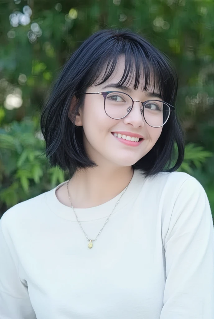 Top Quality, Masterpiece, Ultra High Definition, (Photorealistic: 1.4), (Look Off: 1.4), (Look Off: 1.4), No Look at Camera, Raw Photo, One Girl, Dark Hair, (Straight Bobs: 1.4), (Patsun: 1.4), Bangs, Glasses, Smile, Glossy Skin, Dramatic Lighting, Neat, T-Shirt, White Summer Sweater, (Big: 0.9), parks