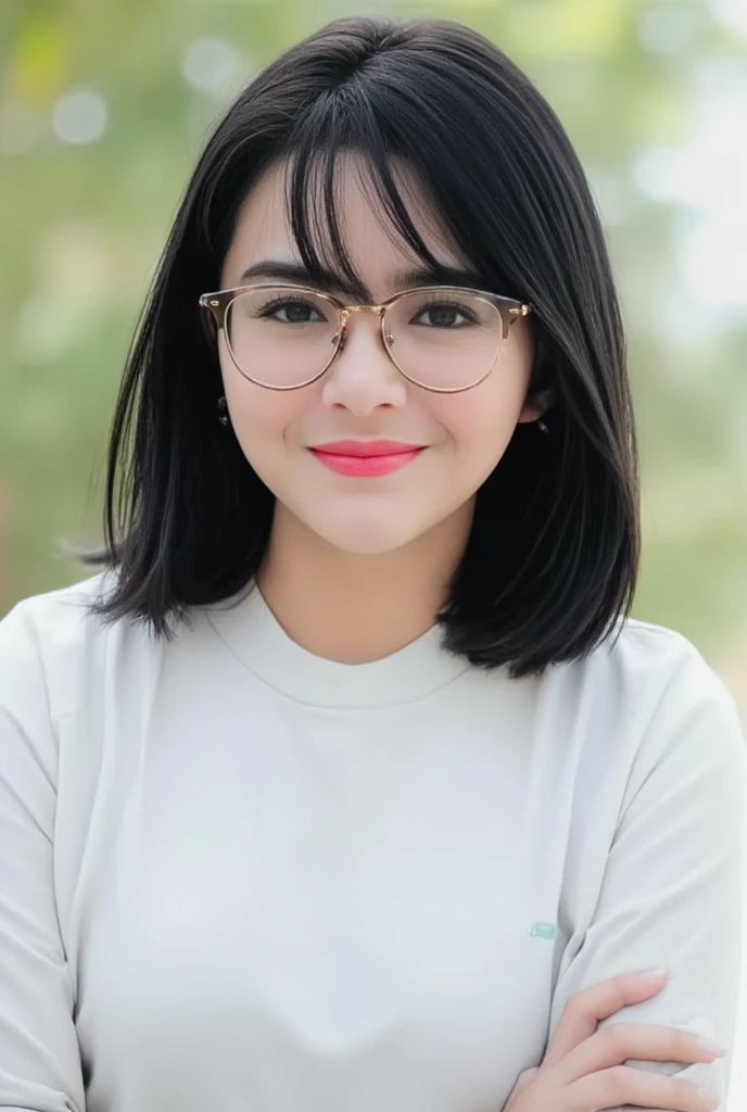 Top Quality, Masterpiece, Ultra High Definition, (Photorealistic: 1.4), (Look Off: 1.4), (Look Off: 1.4), No Look at Camera, Raw Photo, One Girl, Dark Hair, (Straight Bobs: 1.4), (Patsun: 1.4), Bangs, Glasses, Smile, Glossy Skin, Dramatic Lighting, Neat, T-Shirt, White Summer Sweater, (Big: 0.9), parks