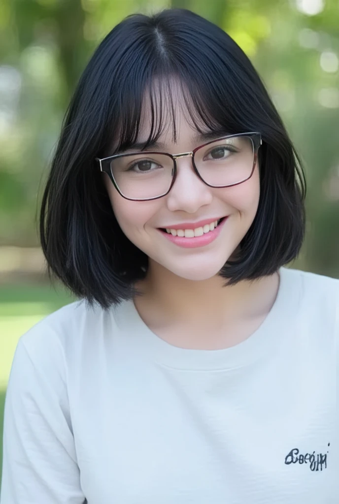 Top Quality, Masterpiece, Ultra High Definition, (Photorealistic: 1.4), (Look Off: 1.4), (Look Off: 1.4), No Look at Camera, Raw Photo, One Girl, Dark Hair, (Straight Bobs: 1.4), (Patsun: 1.4), Bangs, Glasses, Smile, Glossy Skin, Dramatic Lighting, Neat, T-Shirt, White Summer Sweater, (Big: 0.9), parks