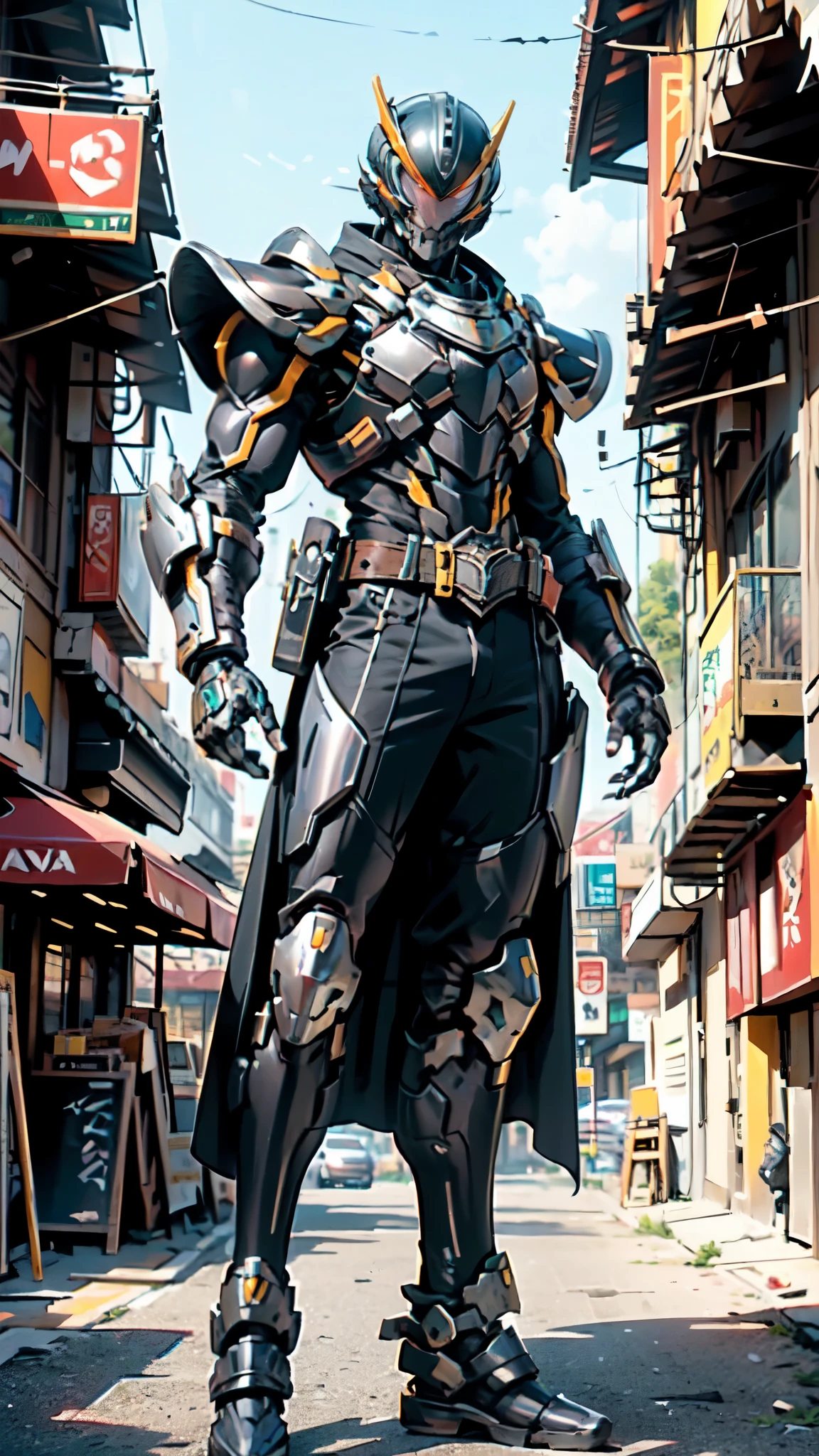 (masterpiece:1.5, best quality:1.5, extremely delicate:1.5), ((male:1.5)), a man wearing a full-face helmet, green eyes, fantasy-style high-tech biomimetic armored combat suit, (a composite layered chest armor), the design balances heavy with agility, fully enclosed shoulder guards, matching arm and leg guards, a belt of gemstone, (the color scheme is primarily Red with Blue and Yellow accents, Organic Biotech, Concept Inspired by Emperor, glowing eyes, armor glows, stand of a futuristic sci-fi city), this character embodies a finely crafted fantasy-style armored hero in anime style, exquisite and mature art style, metallic, high definition, highres, ultra-detailed, ultra-fine painting, professional, perfect body proportions, golden ratio, anatomically correct, symmetrical face, extremely detailed eyes and face, high quality eyes, creativity, RAW photo, UHD, 32k, Natural light, cinematic lighting, masterpiece-anatomy-perfect