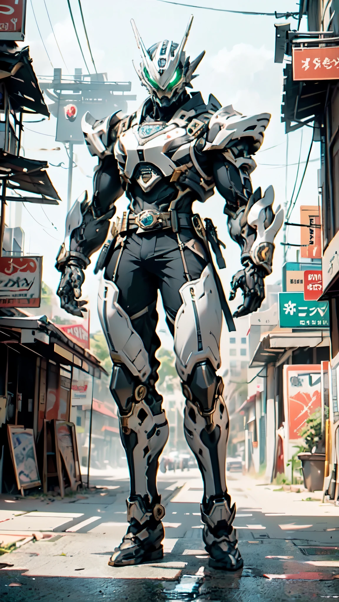 (masterpiece:1.5, best quality:1.5, extremely delicate:1.5), ((male:1.5)), a man wearing a full-face helmet, green eyes, fantasy-style high-tech biomimetic armored combat suit, (a composite layered chest armor), the design balances heavy with agility, fully enclosed shoulder guards, matching arm and leg guards, a belt of gemstone, (the color scheme is primarily White with Blue and Red accents, Organic Biotech, Concept Inspired by Dragon, glowing eyes, armor glows, stand of a futuristic sci-fi city), this character embodies a finely crafted fantasy-style armored hero in anime style, exquisite and mature art style, metallic, high definition, highres, ultra-detailed, ultra-fine painting, professional, perfect body proportions, golden ratio, anatomically correct, symmetrical face, extremely detailed eyes and face, high quality eyes, creativity, RAW photo, UHD, 32k, Natural light, cinematic lighting, masterpiece-anatomy-perfect